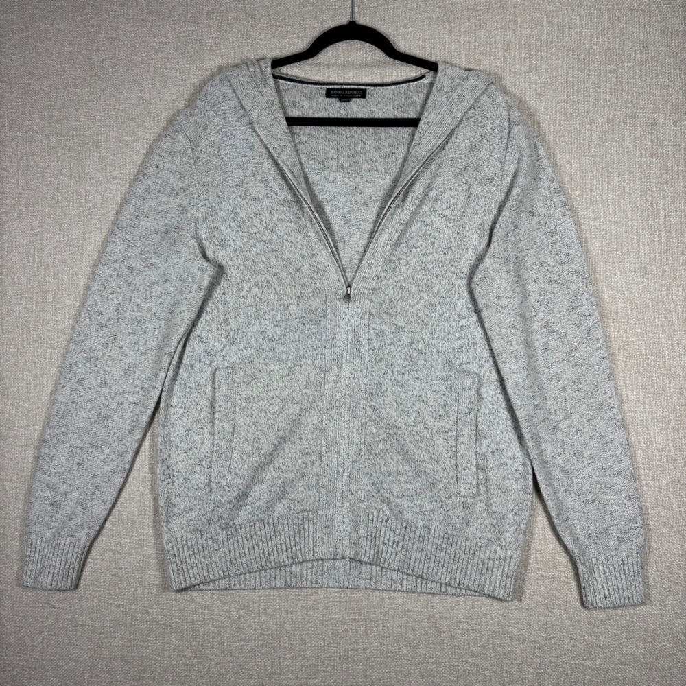 Banana Republic Mens Italian Yarn Wool Linen Full Zip Hooded Sweater Gray Large